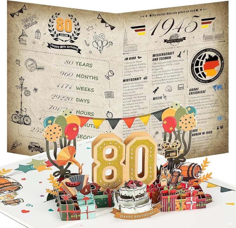 Vintage 80. Geburtstagskarte 3D Pop-Up für Männer und Frauen