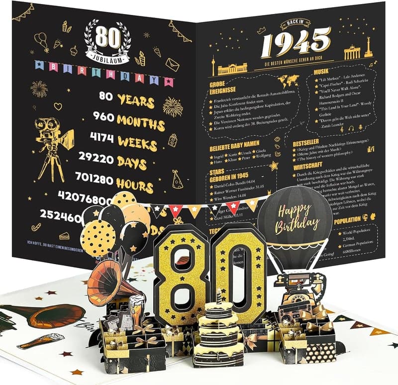 80. Geburtstagskarte mit 3D Pop-Up und Umschlag, Vintage für Paare