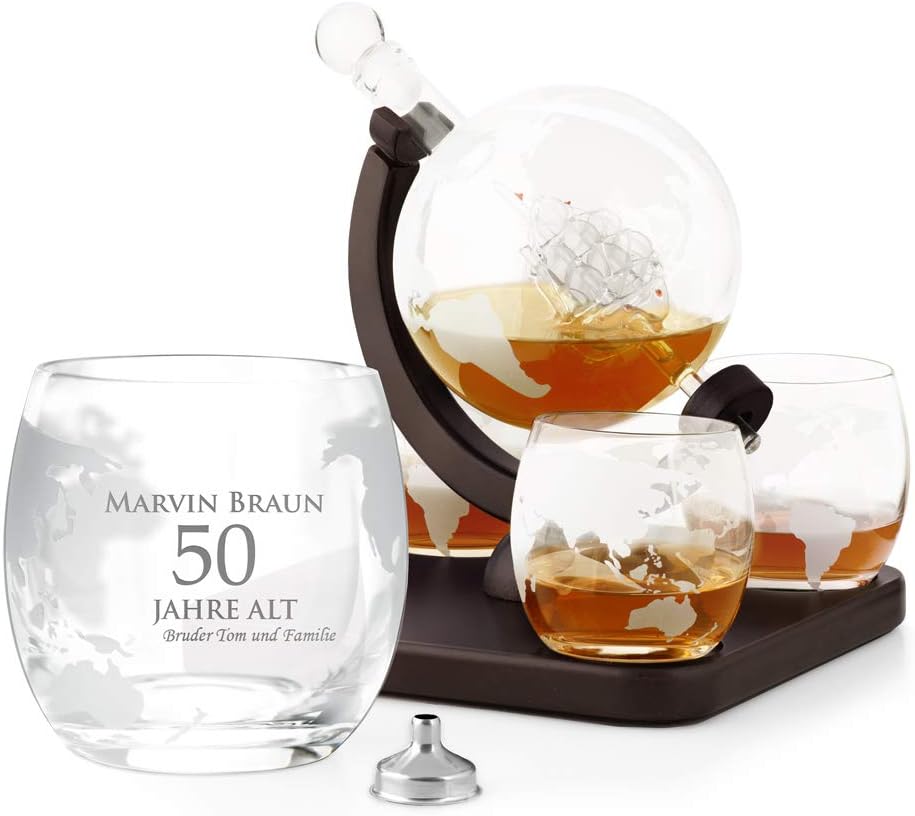 Personalisierte Whisky Karaffe mit Globus-Design und 4 Gläsern, 850 ml