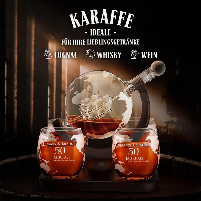 Personalisierte Whisky Karaffe mit Globus-Design und 4 Gläsern, 850 ml