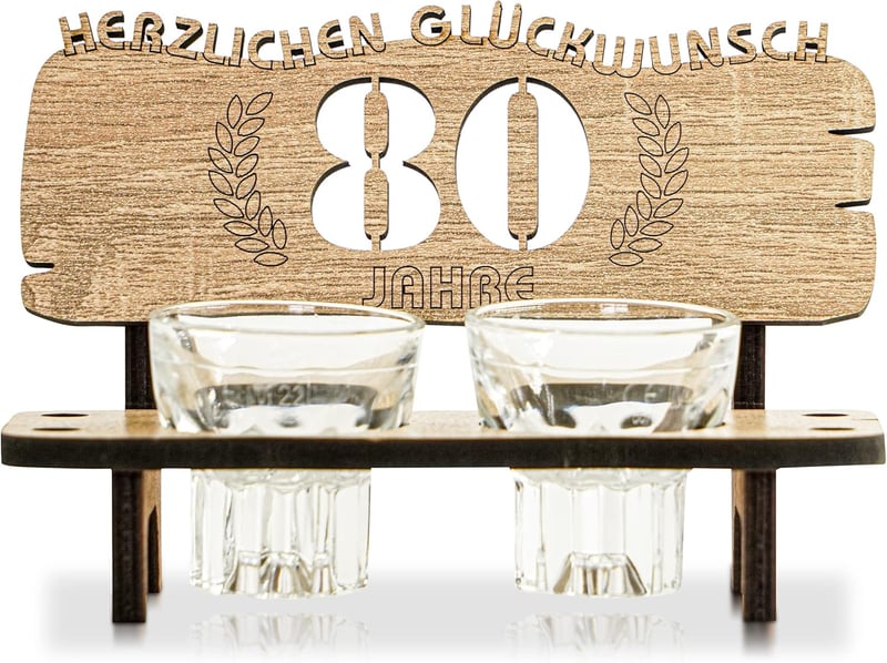 Jubiläumsgeschenk: Schnapsbank mit 2 Gläsern für 80 Jahre
