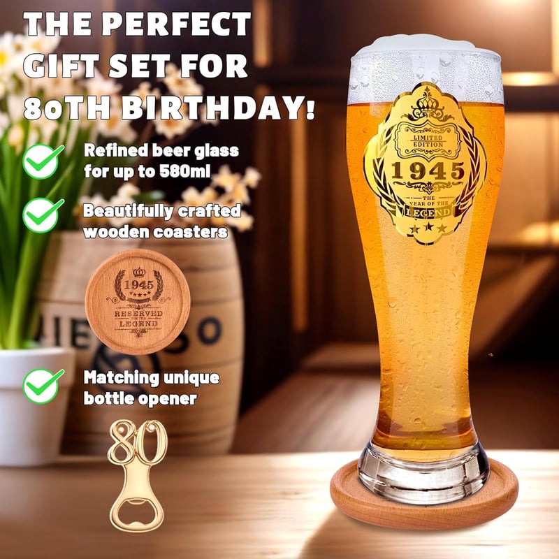 Personalisierte Bierglas-Gravur 580ml für 80. Geburtstag Mann
