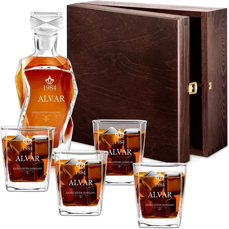 Whiskey Dekanter Set mit Gravur für Männer - 700ml Karaffe + 4 Gläser