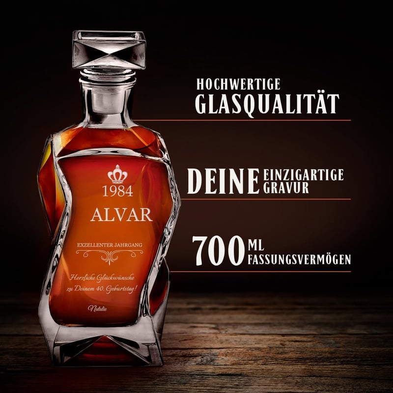 Whiskey Dekanter Set mit Gravur für Männer - 700ml Karaffe + 4 Gläser