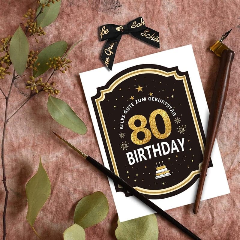Flaschenetikett zum 80. Geburtstag mit Schleife, schwarz-gold, 8,5x10,5cm