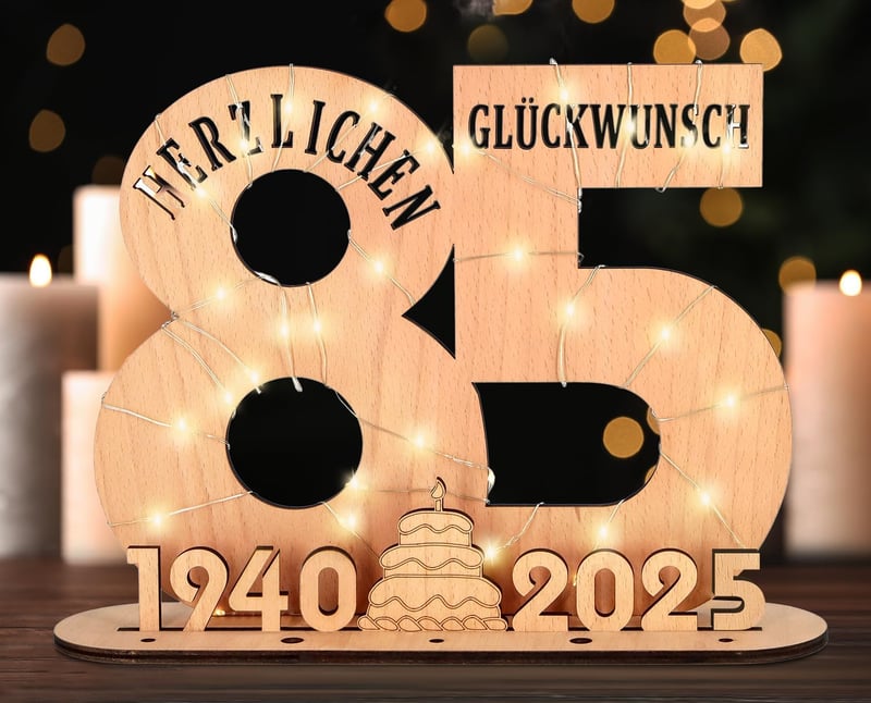 85. Geburtstag Geschenkidee - Personalisiertes Holz-Schild mit LED-Deko
