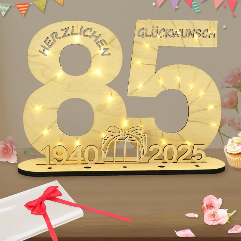 85. Geburtstag Deko für Männer und Frauen mit LED-Lichterkette und Holzschild