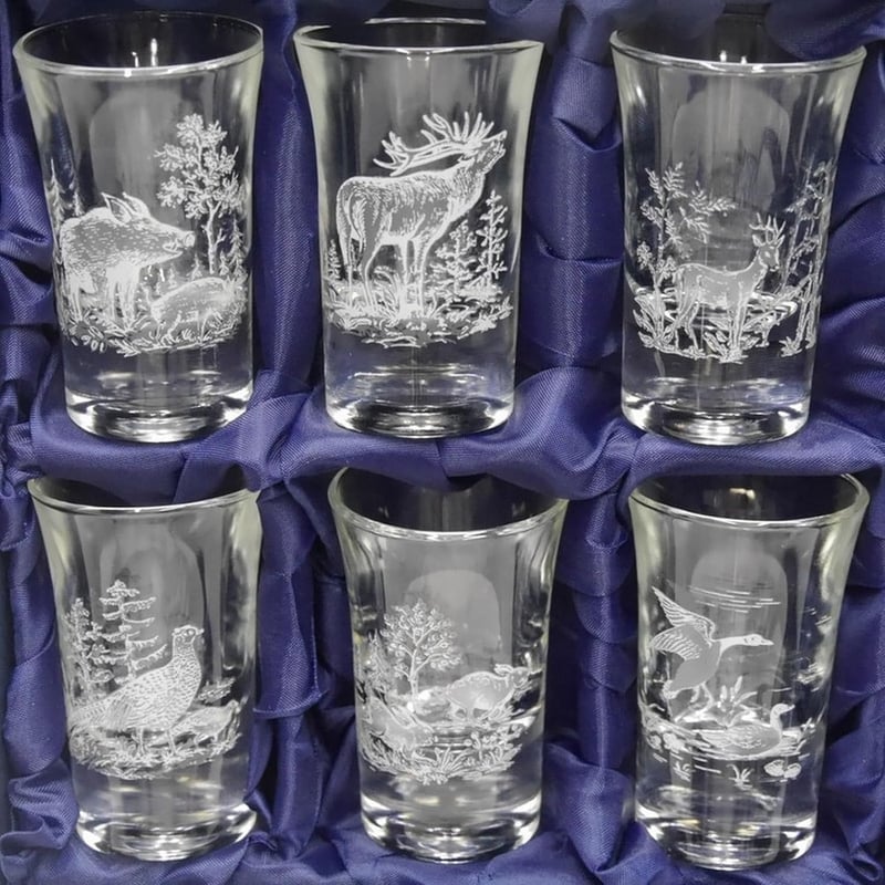 Hochwertiges 6-teiliges Schnapsgläser-Set im Geschenkekarton für Jäger