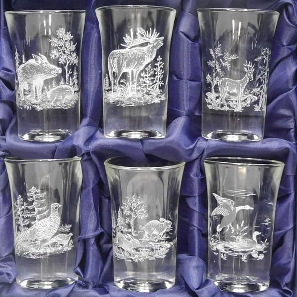 Hochwertiges 6-teiliges Schnapsgläser-Set im Geschenkekarton für Jäger