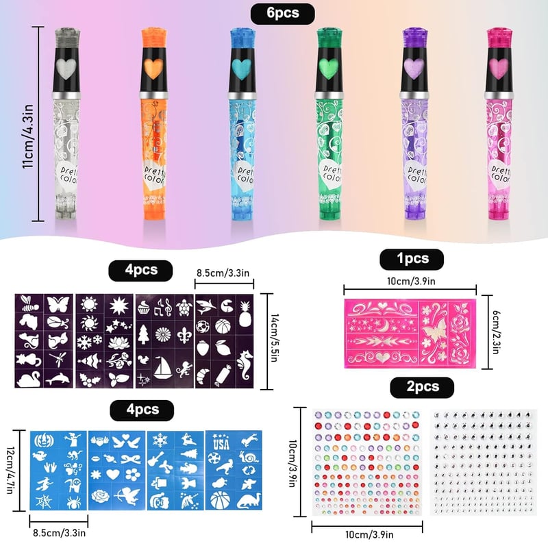 Glitzer Tattoo Stifte Set mit 8 Schablonen für Kinder
