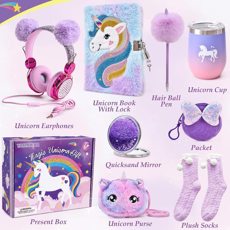 Einhorn-Geschenkset für Mädchen ab 6 Jahren – Kopfhörer, Notizbuch, Plüschbrieftasche und mehr