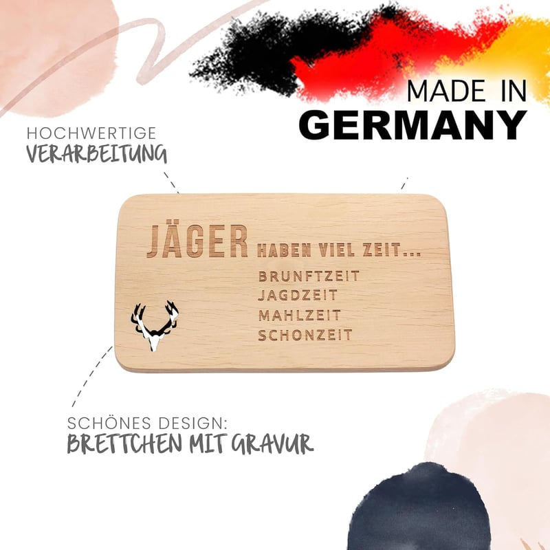 Hölzernes Frühstücksbrettchen mit graviertem Spruch für Jäger