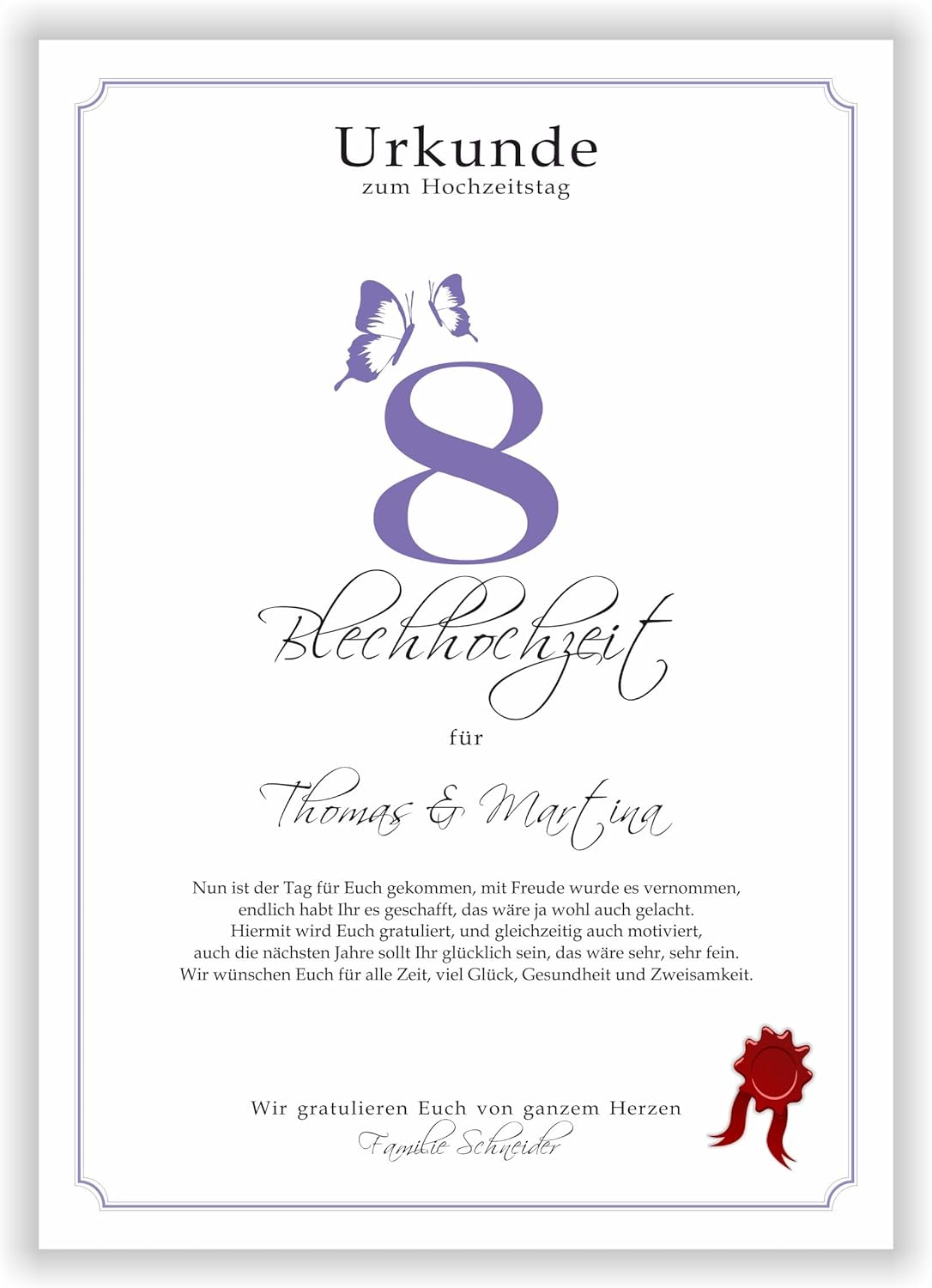 Personalisierte Dekoruhr zur 8. Hochzeitstags-Blechhochzeit