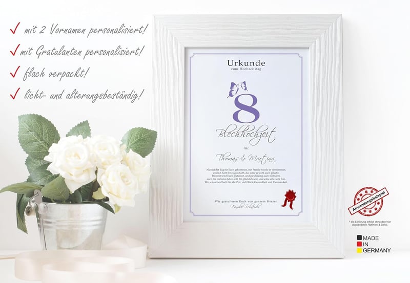 Personalisierte Dekoruhr zur 8. Hochzeitstags-Blechhochzeit