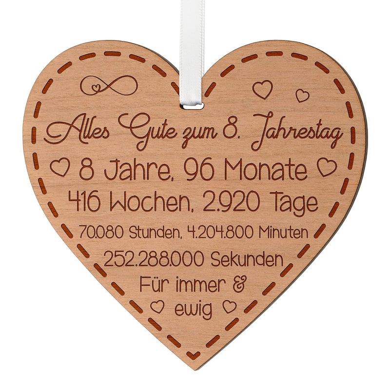 8. Hochzeitstag Holzherz mit Gravur für Paare