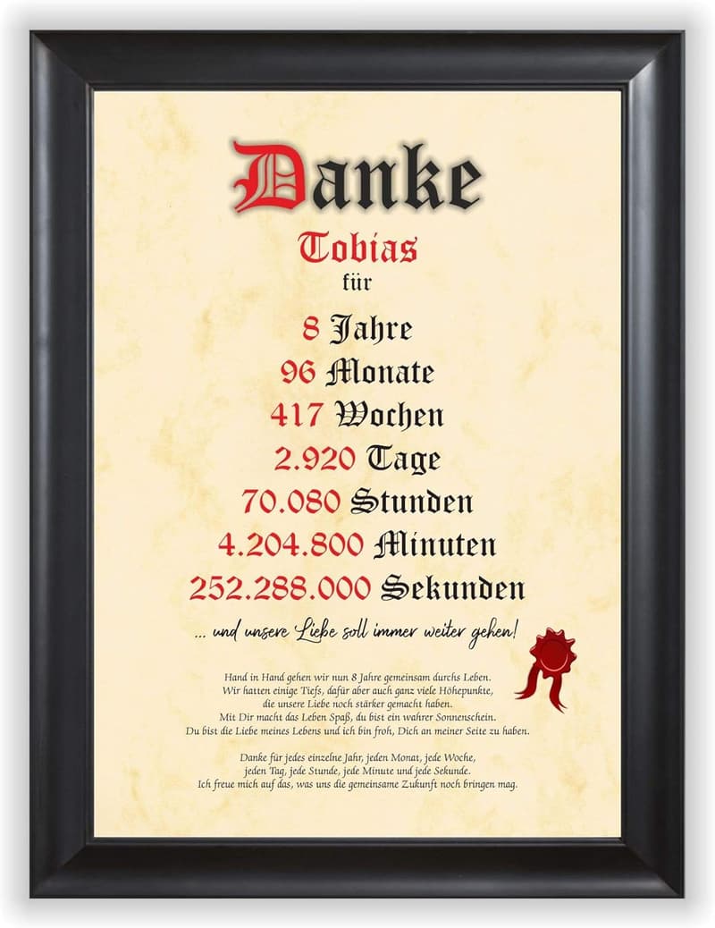 Geschenkidee zum 8. Hochzeitstag für Partner mit Urkunde