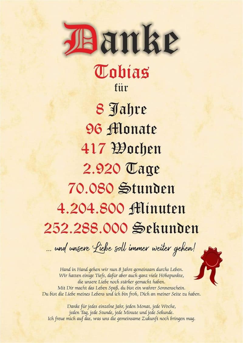 Geschenkidee zum 8. Hochzeitstag für Partner mit Urkunde
