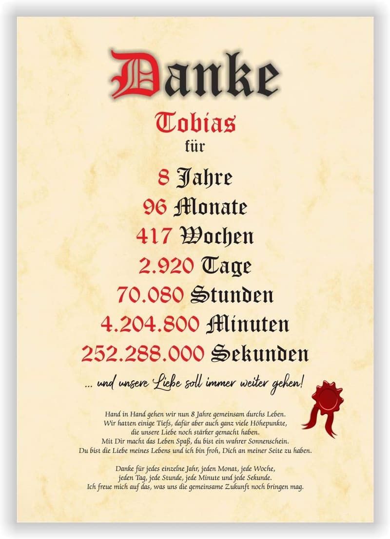 Geschenkidee zum 8. Hochzeitstag für Partner mit Urkunde