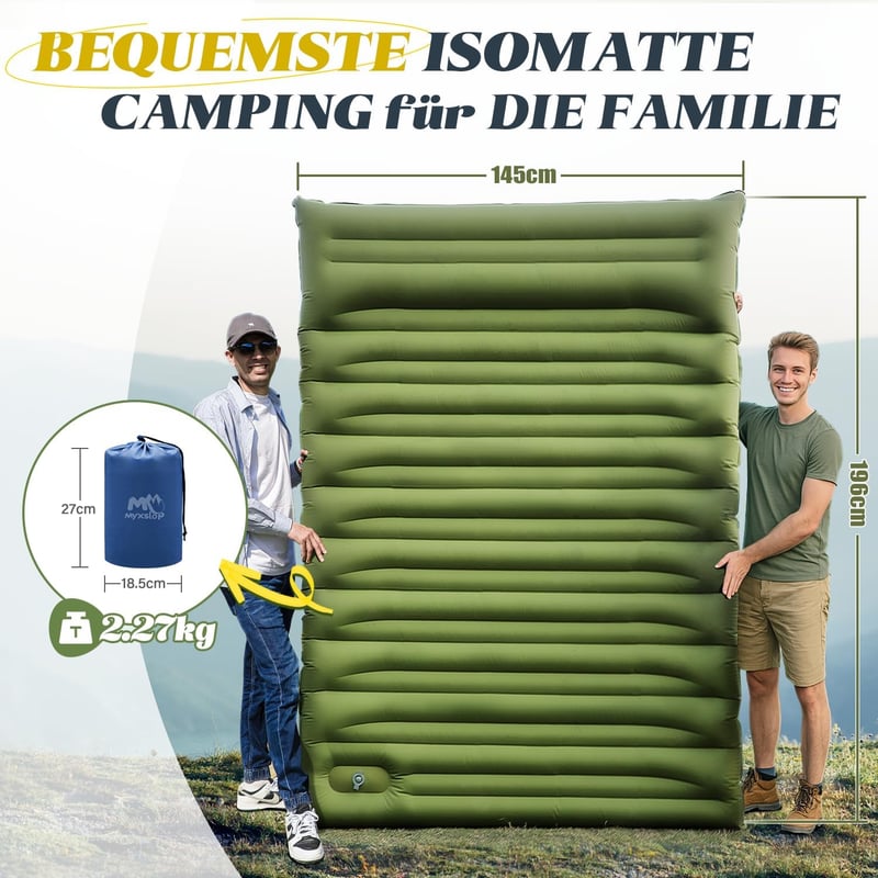 Selbstaufblasende Isomatte für 2 Personen mit Kissen und Pumpe