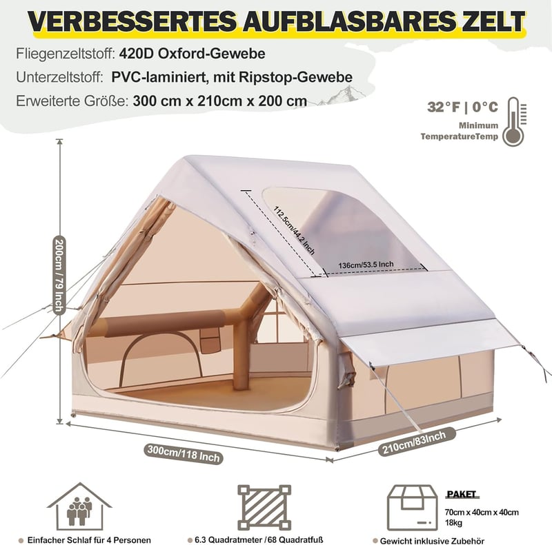 Glamping Campingzelt für 2-4 Personen, wasser- und winddicht, mit Pumpe