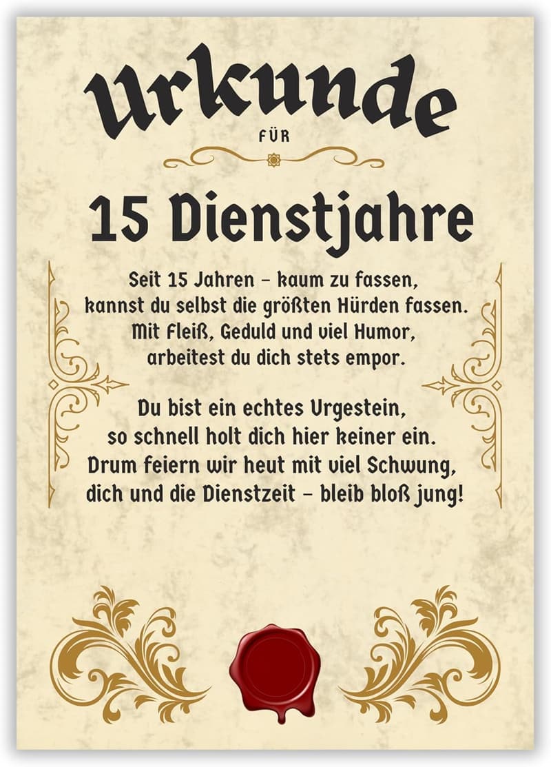 15 Jahre Dienstjubiläum Urkunde – Geschenk zum Firmenjubiläum