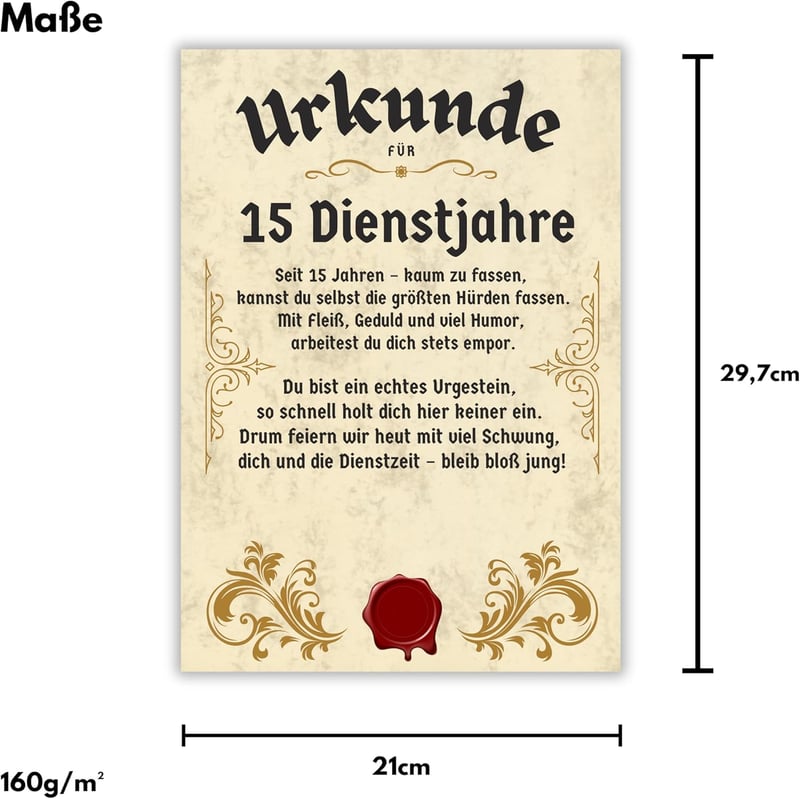 15 Jahre Dienstjubiläum Urkunde – Geschenk zum Firmenjubiläum