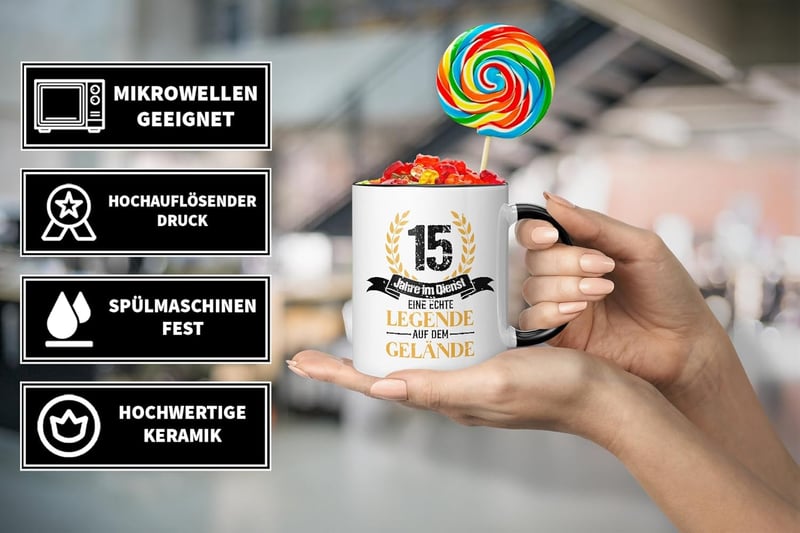Jubiläumsgeschenk: Kaffeebecher 330 ml für 15 Jahre im Dienst