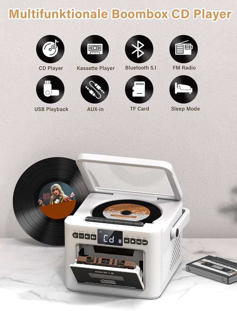 Tragbare Boombox mit CD-Player, Kassettenspieler und UKW-Radio