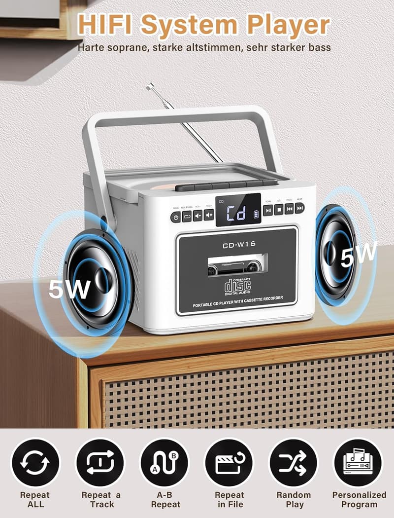 Tragbare Boombox mit CD-Player, Kassettenspieler und UKW-Radio