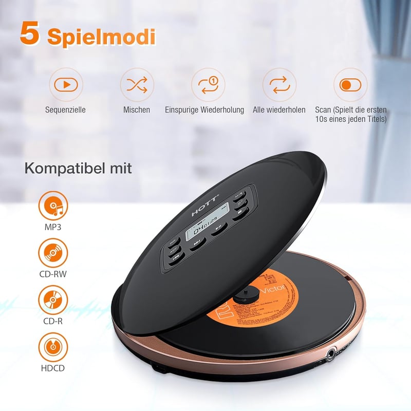 Bluetooth CD-Player tragbar mit Kopfhörer und AUX, aufladbar
