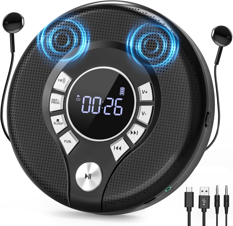 Tragbarer CD-Player mit 2000mAh Akku und Anti-Skip-Funktion (Schwarz)
