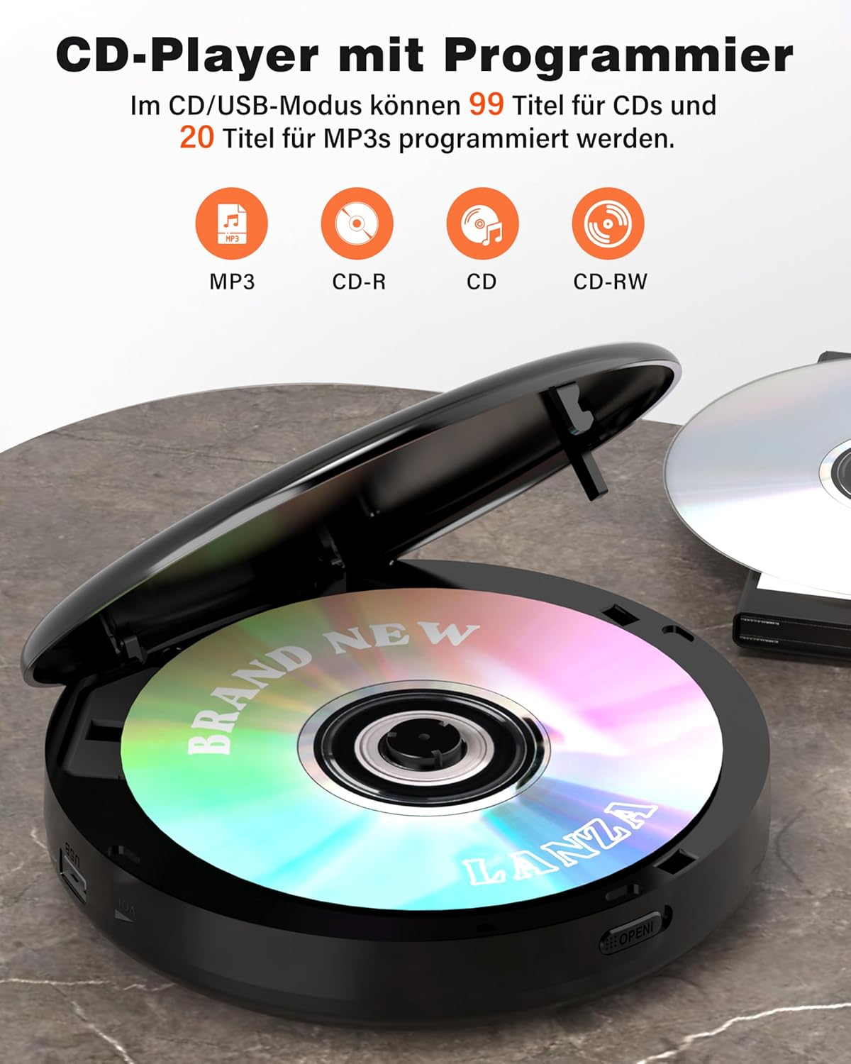 Tragbarer CD-Player mit 2000mAh Akku und Anti-Skip-Funktion (Schwarz)