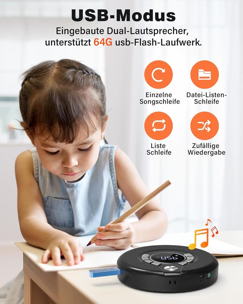 Tragbarer CD-Player mit 2000mAh Akku und Anti-Skip-Funktion (Schwarz)