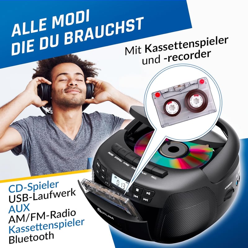 Kompakter CD-Player mit Kassette, Radio und Bluetooth-Funktion