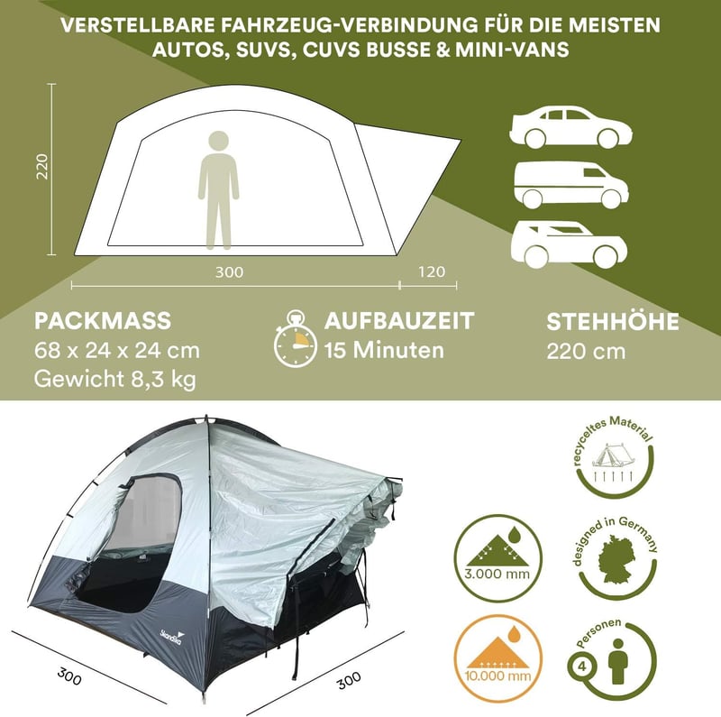 4-Personen Heckzelt Pitea SUV | Wasserfest, 3000 mm, freistehend, 2,2 m Stehhöhe