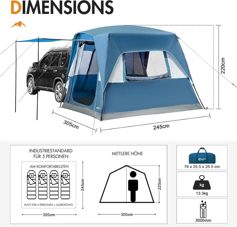 Familienzelt 4-5 Personen mit Sonnensegel, wasserdicht 3000mm, 2-in-1