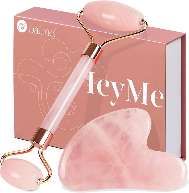 Rosenquarz Gua Sha Set mit Gesichtsroller – Schönheit Massage für Frauen