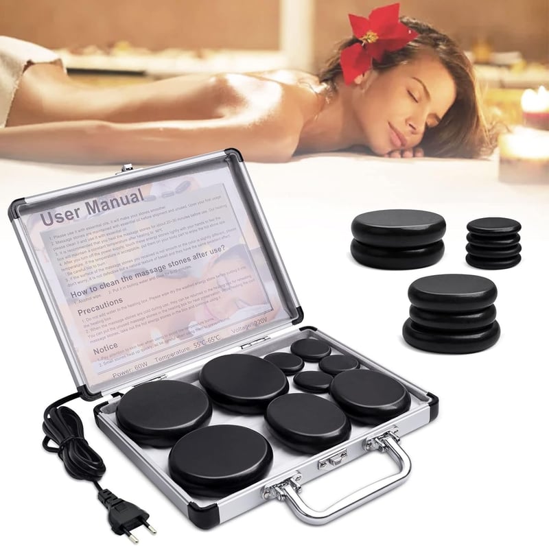 Hot Stone Massage Set mit 9 Basaltsteinen im Heizkoffer für Wellness