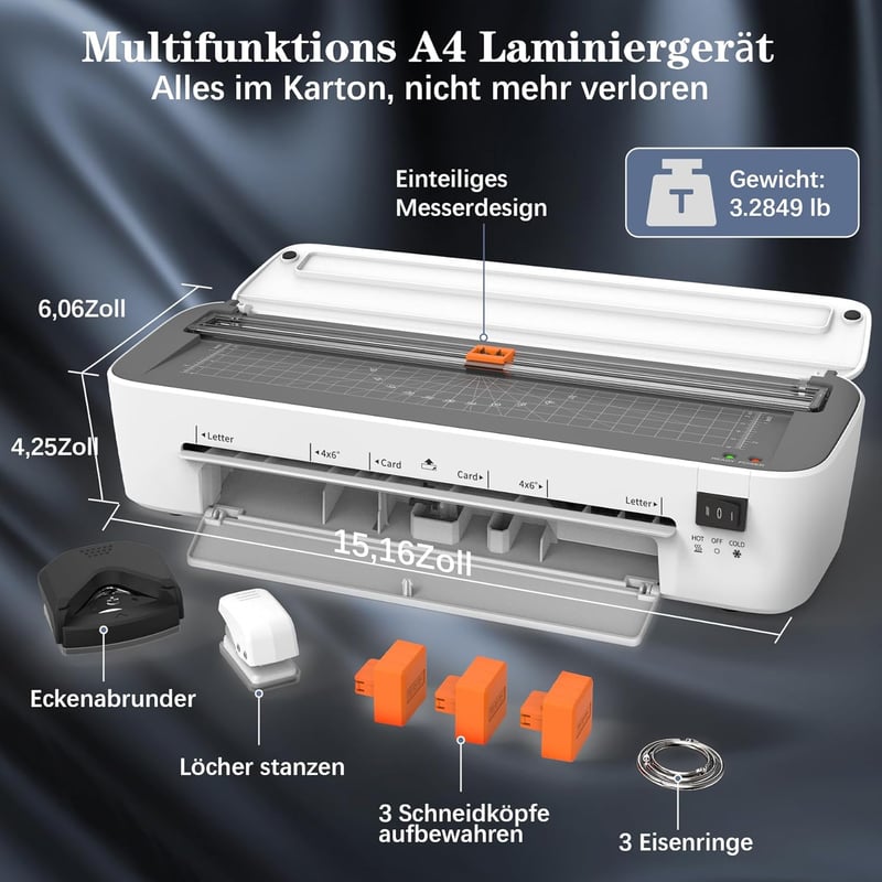 All-in-One A4 Thermolaminiergerät mit Trimmer und 36 Folien