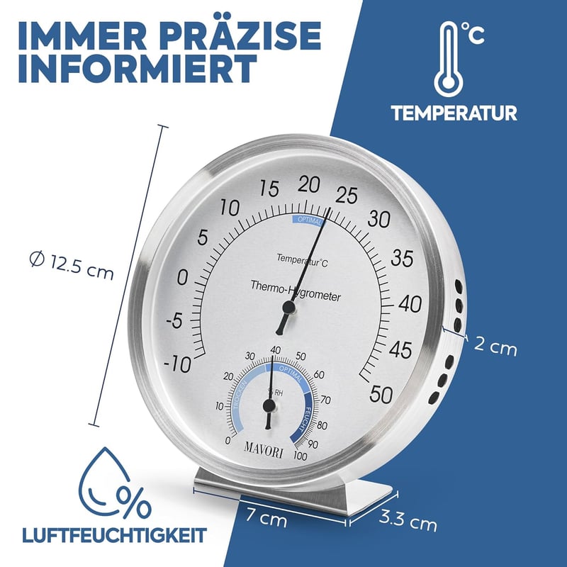 Edelstahl Hygrometer & Thermometer 2in1 für gesundes Raumklima