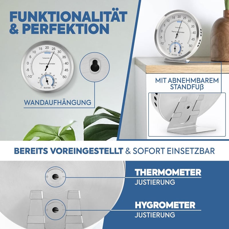 Edelstahl Hygrometer & Thermometer 2in1 für gesundes Raumklima