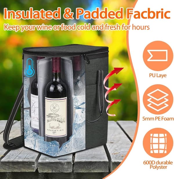 Kühltasche für 6 Flaschen – Handtasche für Picknick und Camping, Schwarz