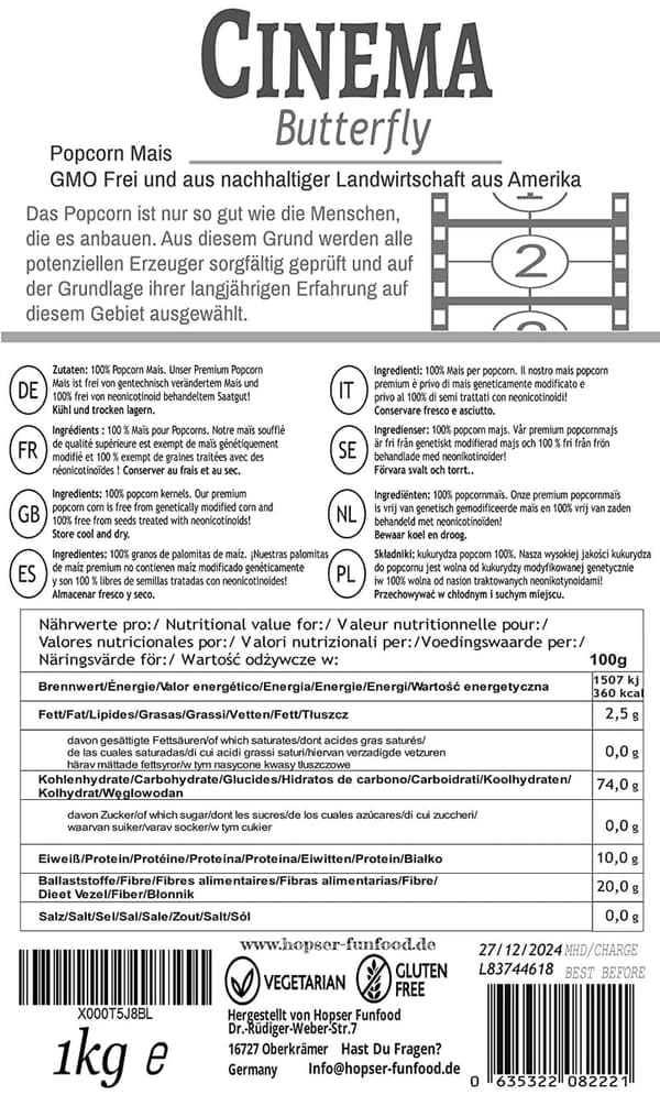Premium Hopser Popcorn Mais 1000g mit Aromaschutz, GMO-frei