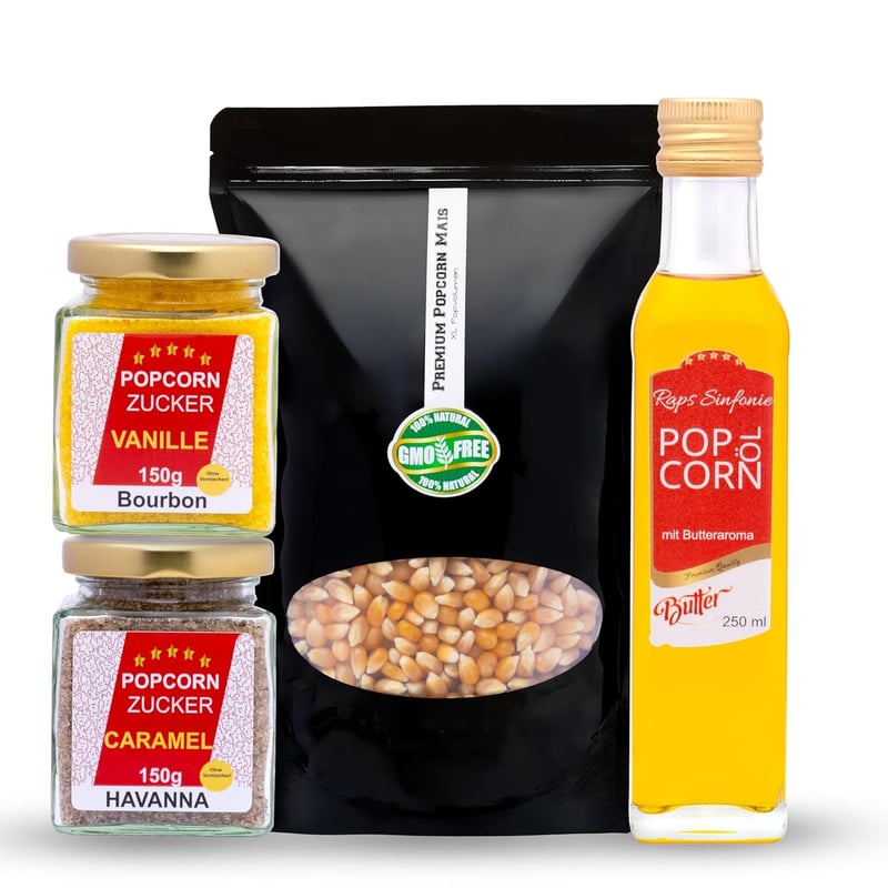 Popcornset für Partys: 500g Popcornmais, 250ml Butteraroma-Öl, 300g Zucker