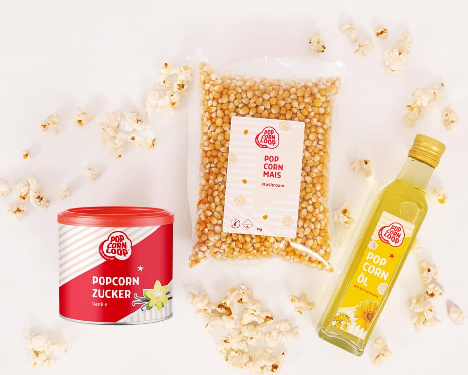 Popcornset für Zuhause: 1kg Mushroom Mais, 300g Vanillezucker, 250ml Popcornöl
