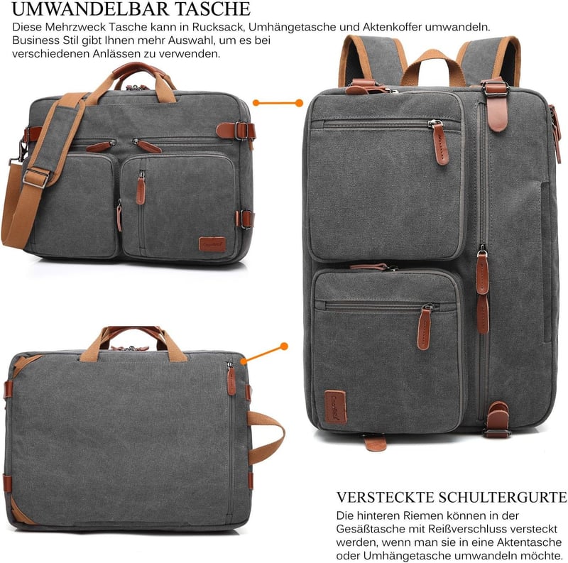 CoolBELL umwandelbarer Rucksack für 17 Zoll Laptops aus Grau Canvas