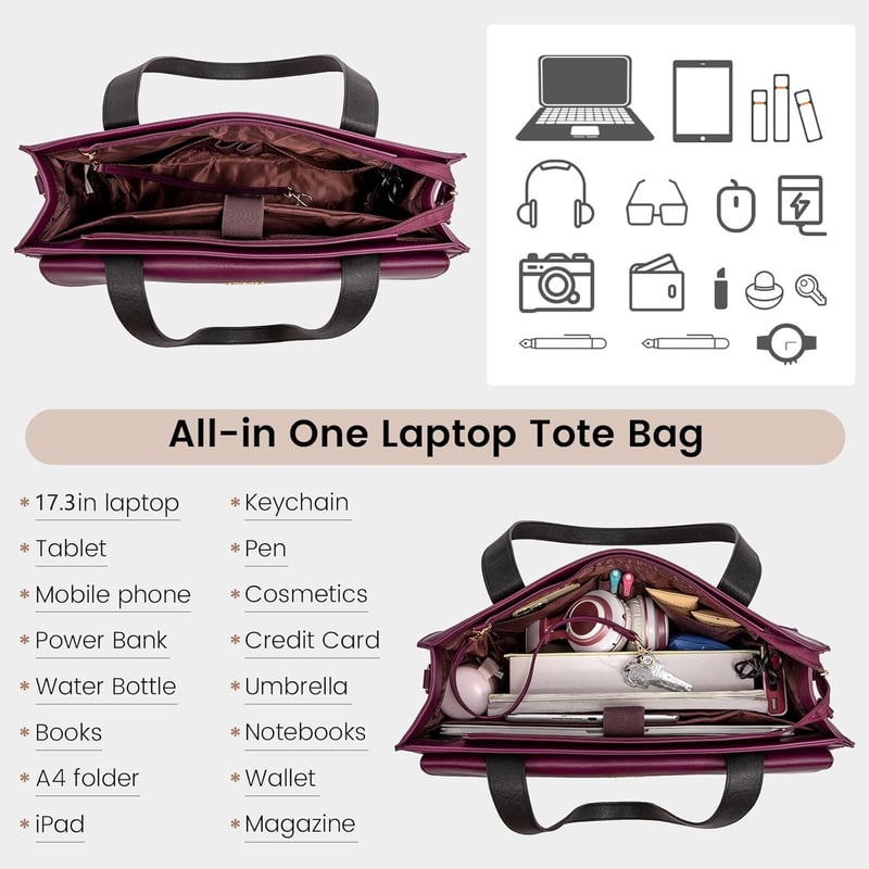 Elegante Laptoptasche für Damen 17,3 Zoll aus PU Leder, Violett