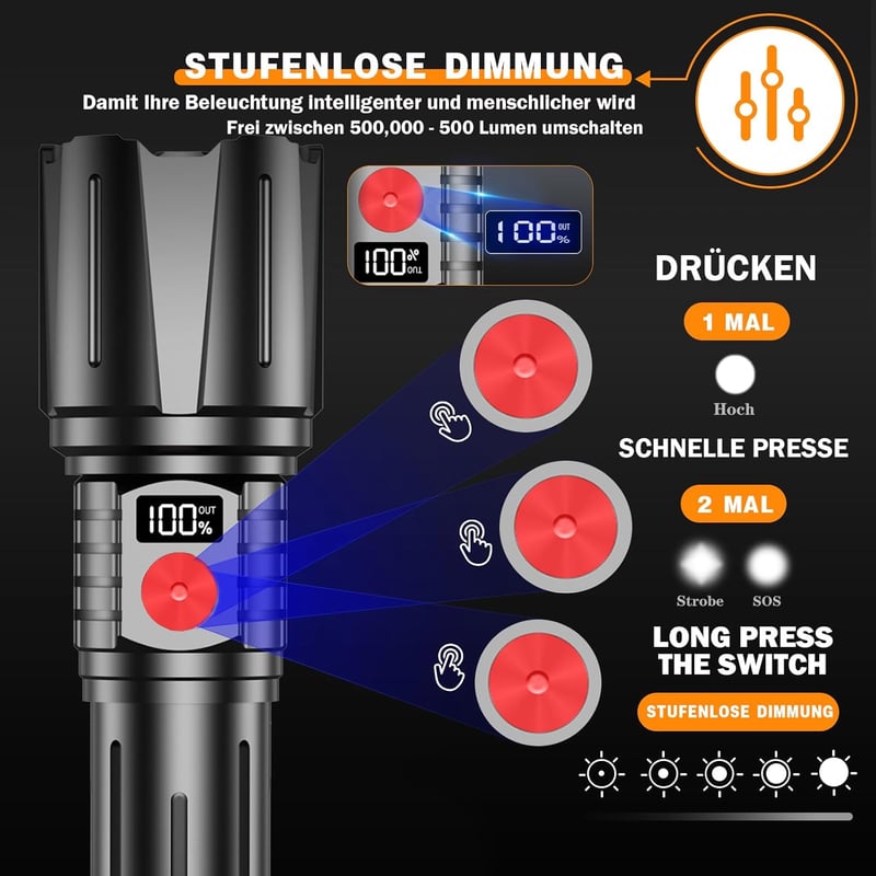 LED Taschenlampe 1.000.000 Lumen, wiederaufladbar & wasserdicht