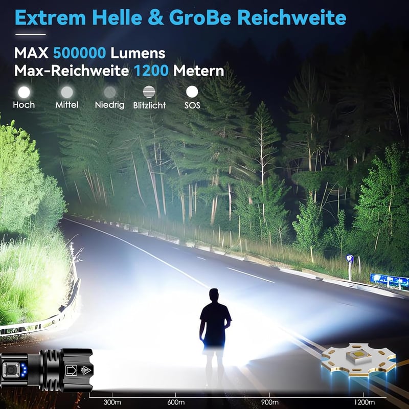 LED Taschenlampe 500000 Lux, aufladbar, IPX7 wasserdicht, 2er Set