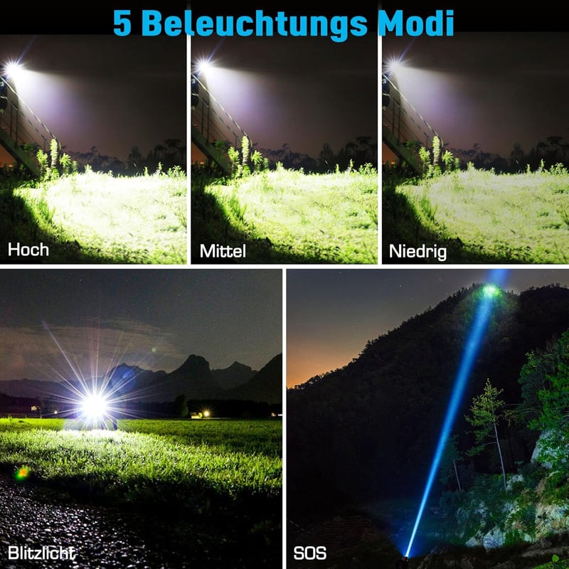 LED Taschenlampe 500000 Lux, aufladbar, IPX7 wasserdicht, 2er Set